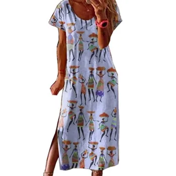 Moterų Trumpomis Rankovėmis Ilga Suknelė Vasarai Etninės Stiliaus Skaitmeninio Spausdinimo Maxi Suknelės Mergaičių Prarasti Padalinta Paplūdimio Sundress Vestidos